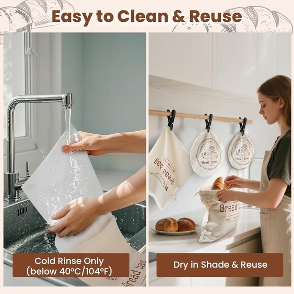 2 Cotton Bread Bags & Sourdough Bags with TPU Lining, 2 Proofing Bowl Covers-BN - Picture 4 of 7